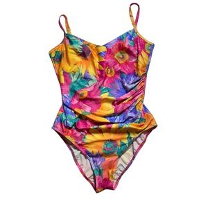 Vintage Floral Bright Floral One-Piece Swimsuit Tummy Control Retro Vibes 16